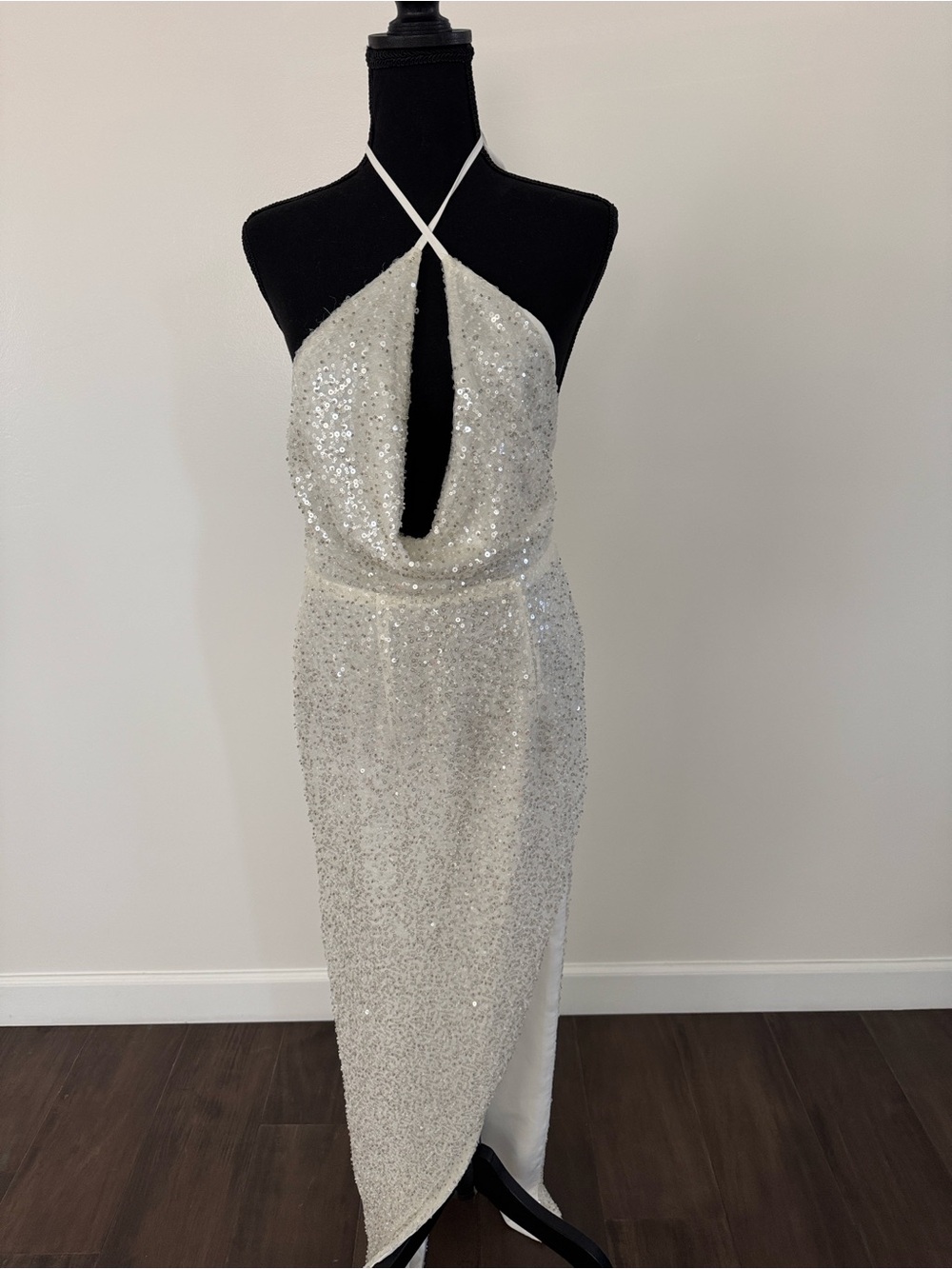 Silver Sequin Halter Evening Dress